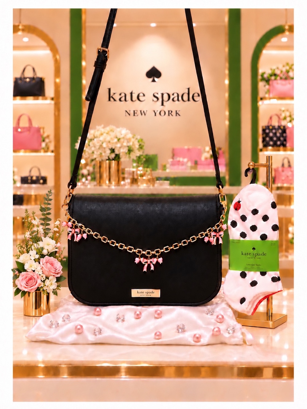 Kate Spade. 7 Piece: Laurel Way Crossbody & Free Socks, Dust Bag, Charm & Scarf.